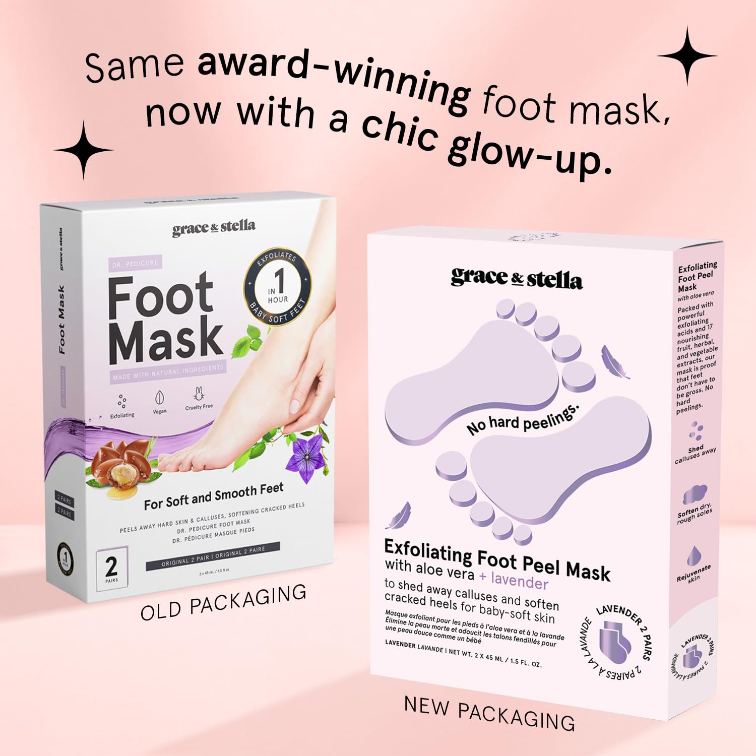 grace & stella Award-Winning Foot Peel Mask (2 Pairs, Lavender) - Foot Peeling Mask with Aloe Vera - Moisturizing Foot Mask for Dry Cracked Feet - Foot Exfoliator for Baby Soft Feet-1