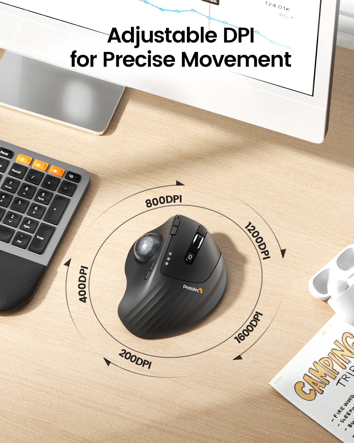 ProtoArc Wireless Trackball Mouse, EM01 NL Ergonomic Bluetooth Rollerball Thumb Mouse Rechargeable Computer Laptop Mouse, Adjustable Angle & 3 Device Connection for PC, Mac, Windows-Gray Ball-4