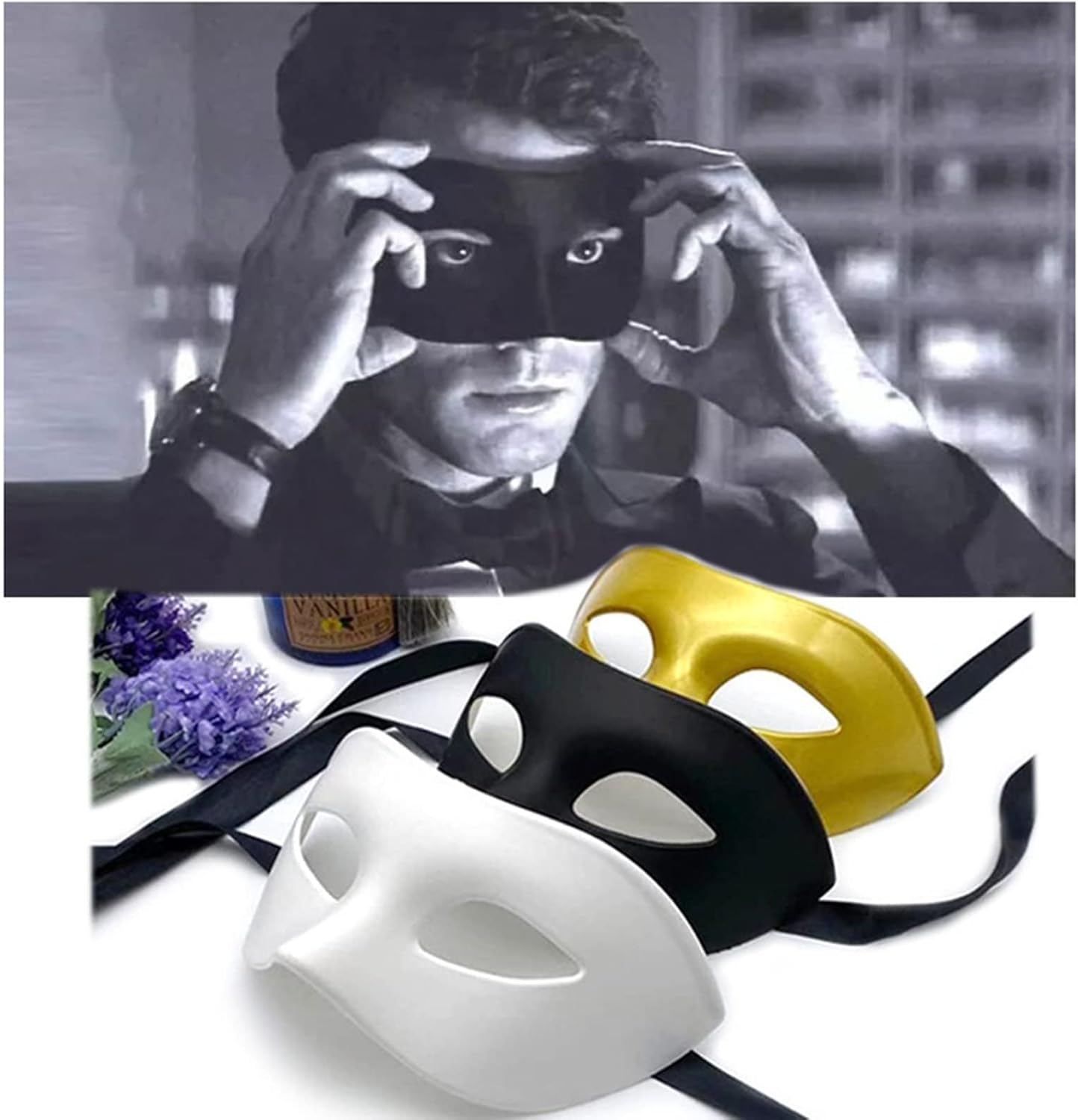 Men Women Masquerade Mask, High Elastic Bendable Plastic Half Face Eye Mask, Solid Color, Suitable for All Prom (2 Black+2 White+Gold+Silver)-4