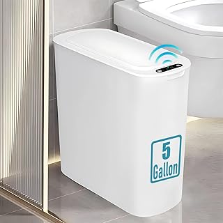 5 Gallon Motion Senor Bathroom Trash Can with Lid, Automatic Garbage Can Touchless, Smart Plastic Waste Basket for Narrow Spaces, Bathroom, Office, Bedroom, Living Room (White)