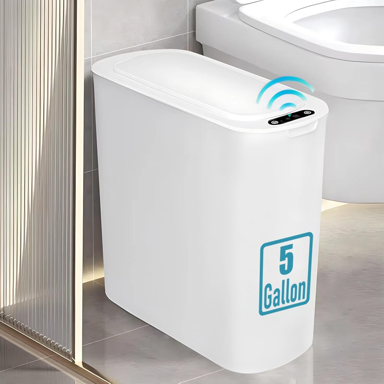 5 Gallon Motion Senor Bathroom Trash Can with Lid, Automatic Garbage Can Touchless, Smart Plastic Waste Basket for Narrow Spaces, Bathroom, Office, Bedroom, Living Room (White)-0