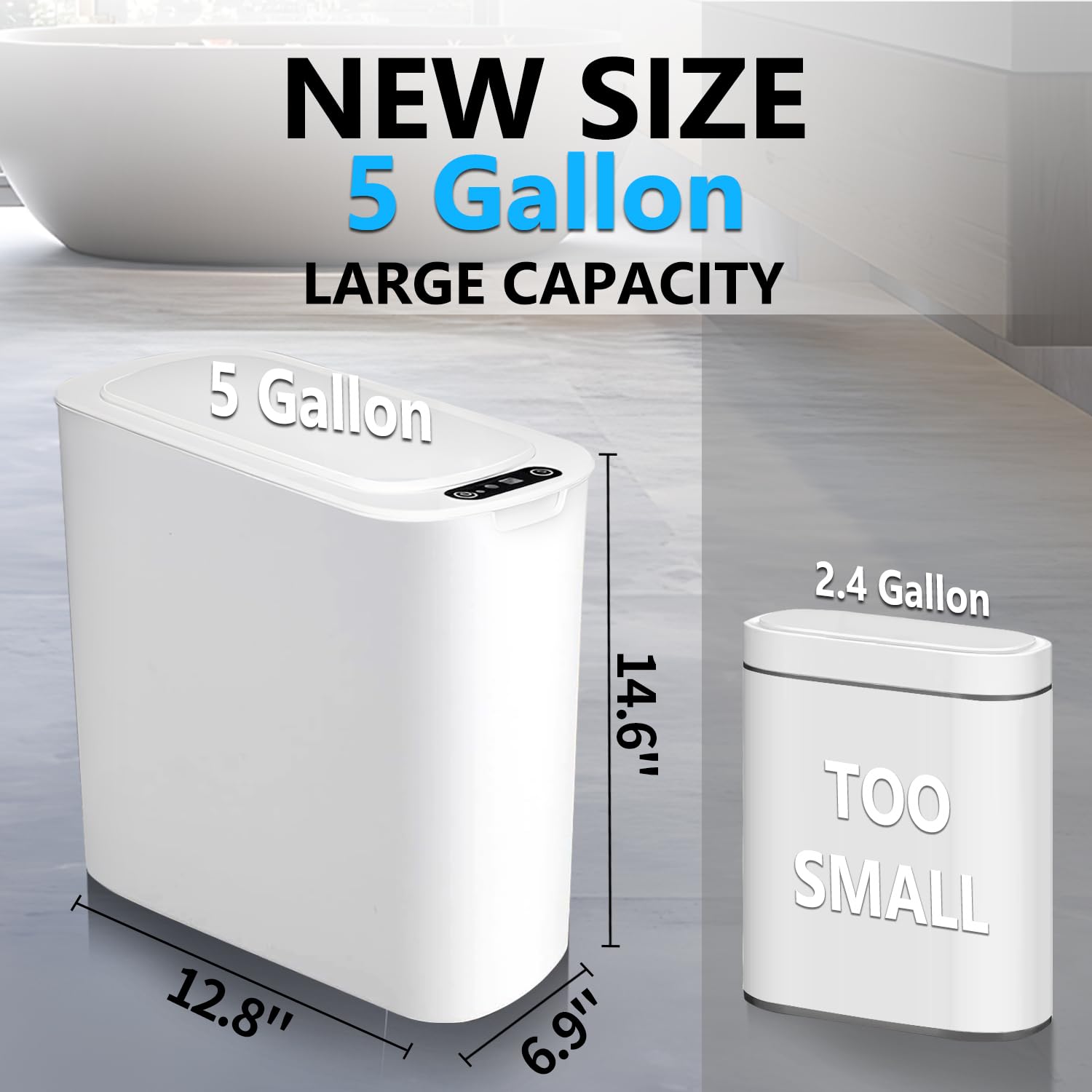 5 Gallon Motion Senor Bathroom Trash Can with Lid, Automatic Garbage Can Touchless, Smart Plastic Waste Basket for Narrow Spaces, Bathroom, Office, Bedroom, Living Room (White)-2