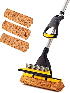 Yocada Sponge Mop Home Commercial Use Tile Floor Bathroom Garage Cleaning with 3 Sponge Heads in Total Squeegee and Extendable Telescopic Long Handle 42.5 to 52 Inches Easily Dry Wringing Only 3 Heads