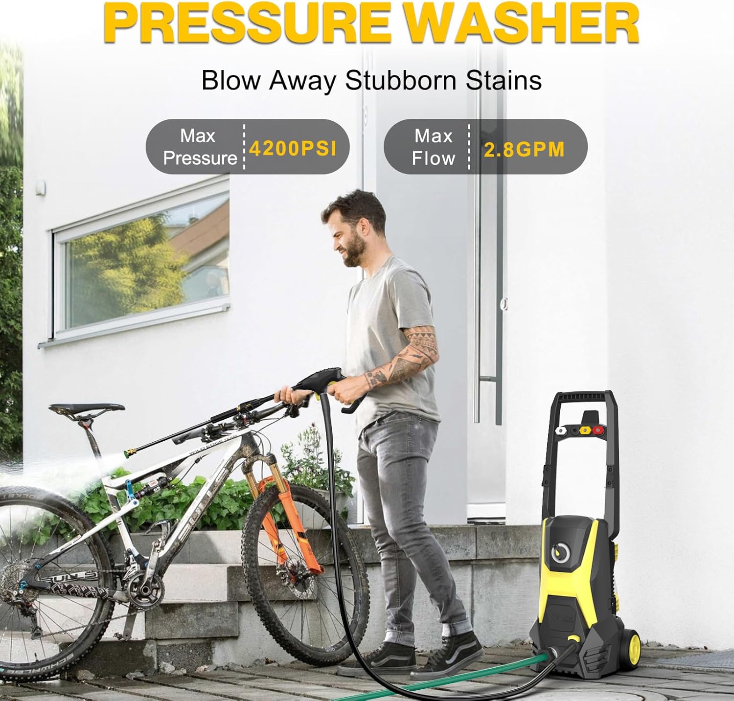 Electric Pressure Washer - 4200PSI Electric Power Washer with 20FT Hose, 35FT Power Cord, 4 Nozzles, High Pressure Washer for Cars, Fences, Patios, Driveways-3