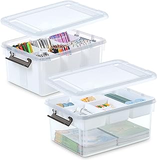 Citylife 17 QT Plastic Storage Box with Removable Tray and 6 Detachable Tall Inserts Craft Organizers and Storage Clear Storage Container for Organizing Crayon, Craft, Sewing, Playdoh