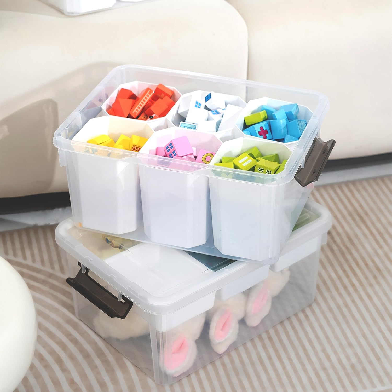 Citylife 17 QT Plastic Storage Box with Removable Tray and 6 Detachable Tall Inserts Craft Organizers and Storage Clear Storage Container for Organizing Crayon, Craft, Sewing, Playdoh-1