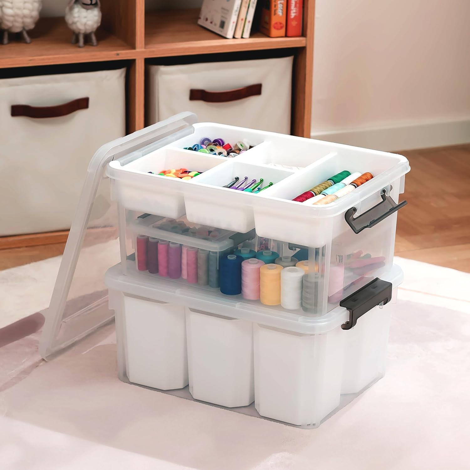 Citylife 17 QT Plastic Storage Box with Removable Tray and 6 Detachable Tall Inserts Craft Organizers and Storage Clear Storage Container for Organizing Crayon, Craft, Sewing, Playdoh-3