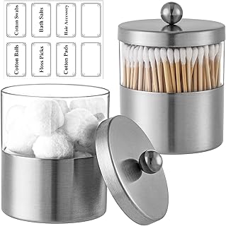 Apothecary Jars, Qtip Holder - Stainless Steel Bathroom Jar with Stickers - Farmhouse Decor Qtip Dispenser for Qtips, Cotton Balls, Swabs, Makeup Sponges (2 Pack, Brushed Nickel)