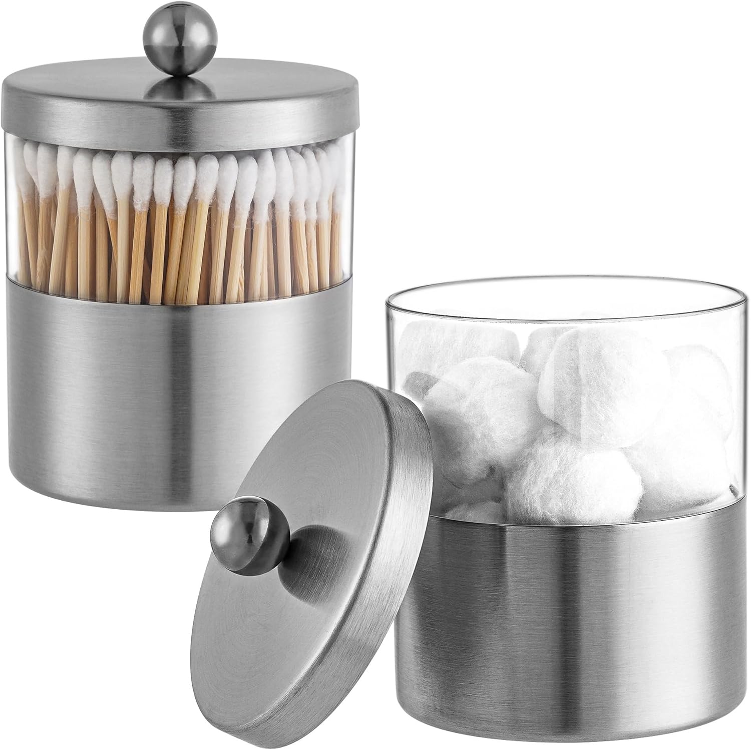 Apothecary Jars, Qtip Holder - Stainless Steel Bathroom Jar with Stickers - Farmhouse Decor Qtip Dispenser for Qtips, Cotton Balls, Swabs, Makeup Sponges (2 Pack, Brushed Nickel)-6