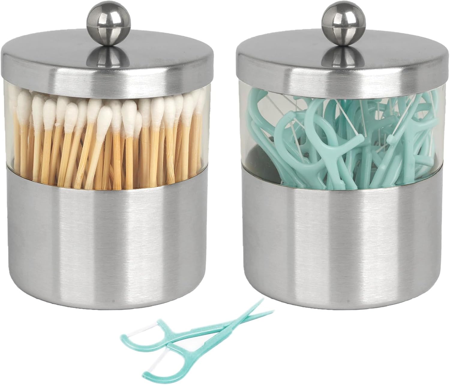 Apothecary Jars, Qtip Holder - Stainless Steel Bathroom Jar with Stickers - Farmhouse Decor Qtip Dispenser for Qtips, Cotton Balls, Swabs, Makeup Sponges (2 Pack, Brushed Nickel)-8