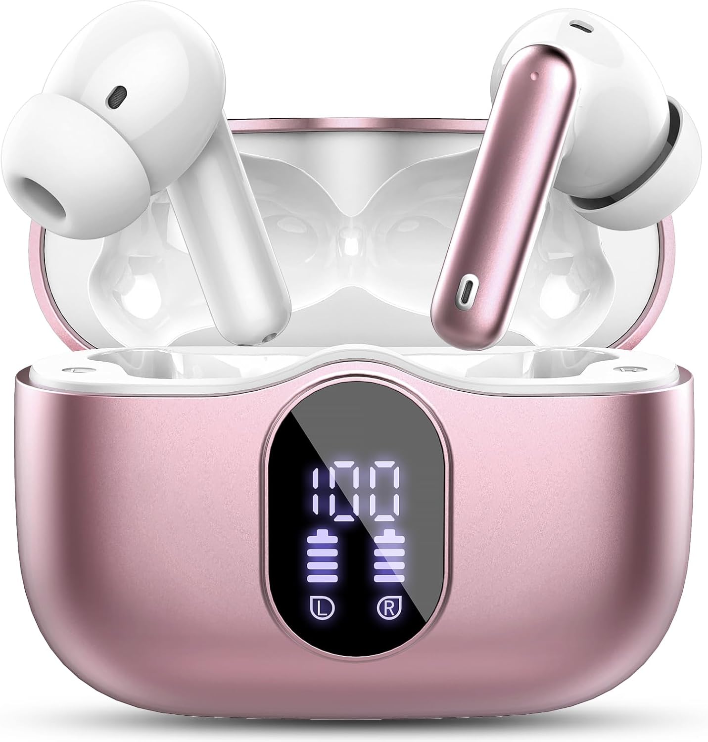 Wireless Earbuds Bluetooth 5.3 Headphones Bass Stereo Ear Buds with Noise Cancelling Mic LED Display in Ear Earphones IP7 Waterproof 36H Playtime for Laptop Pad Phones Sports Workout Rose Gold-0