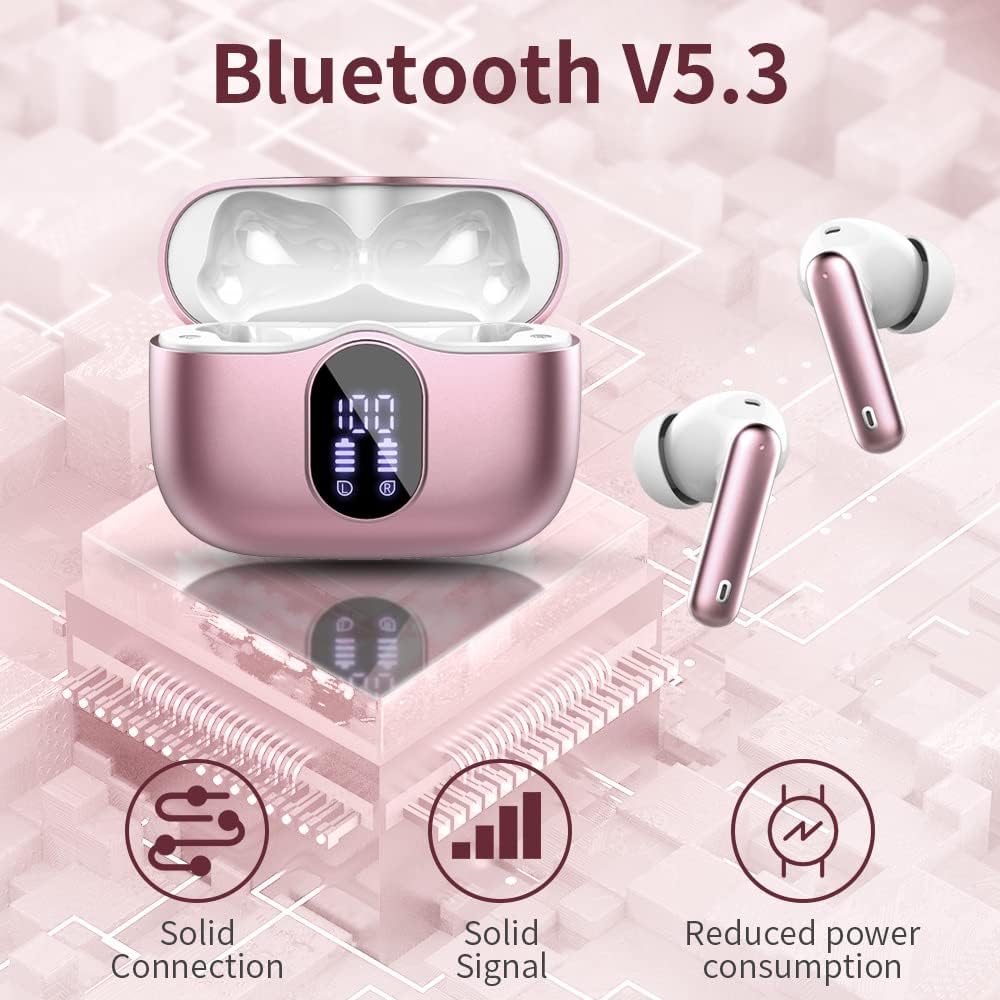 Wireless Earbuds Bluetooth 5.3 Headphones Bass Stereo Ear Buds with Noise Cancelling Mic LED Display in Ear Earphones IP7 Waterproof 36H Playtime for Laptop Pad Phones Sports Workout Rose Gold-3