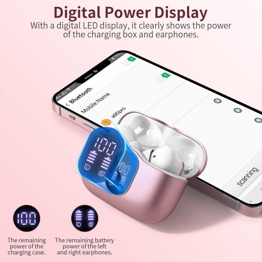 Wireless Earbuds Bluetooth 5.3 Headphones Bass Stereo Ear Buds with Noise Cancelling Mic LED Display in Ear Earphones IP7 Waterproof 36H Playtime for Laptop Pad Phones Sports Workout Rose Gold-5