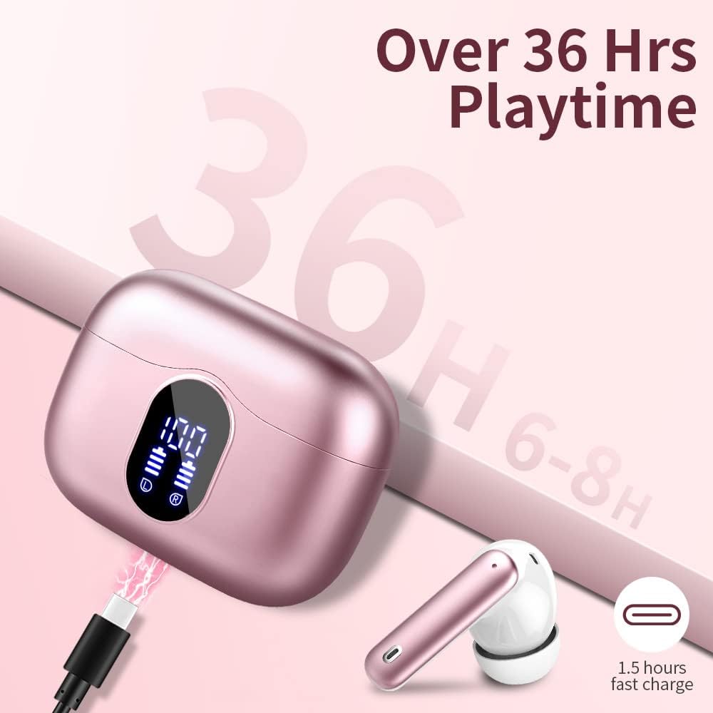 Wireless Earbuds Bluetooth 5.3 Headphones Bass Stereo Ear Buds with Noise Cancelling Mic LED Display in Ear Earphones IP7 Waterproof 36H Playtime for Laptop Pad Phones Sports Workout Rose Gold-6