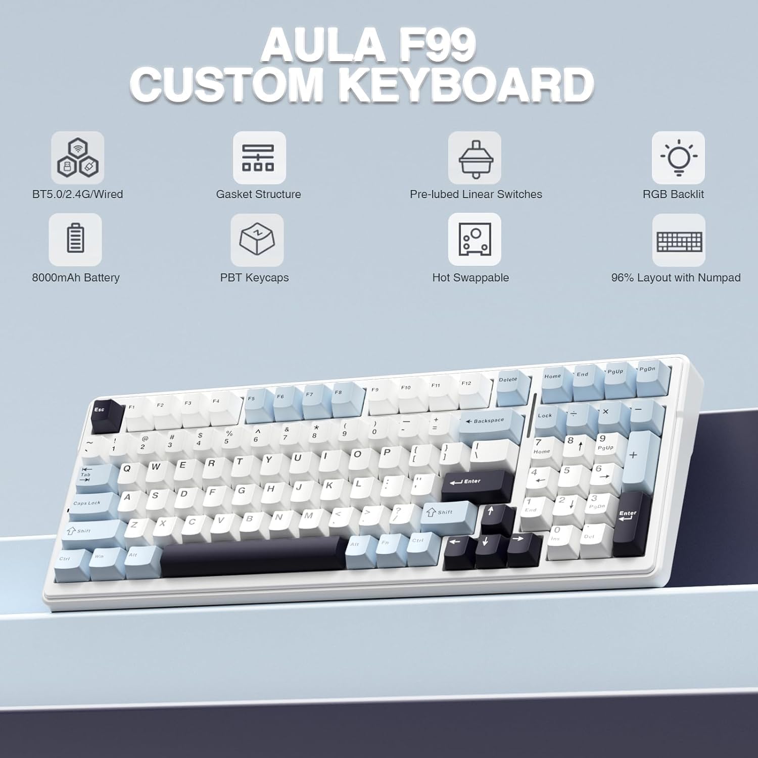 AULA F99 Wireless Mechanical Keyboard, Hot Swappable Custom Keyboard,Pre-lubed Linear Switches,Gasket Structure,RGB Backlit Gaming Keyboard (Blue&White)-1