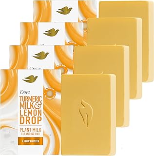 Dove Plant Milk Cleansing Bar Soap Turmeric Milk & Lemon Drop Glow Booster 4 Count for Moisturized Skin Gentle Cleanser, No Sulfate Cleansers or Parabens, 98% Biodegradable Formula 5 oz