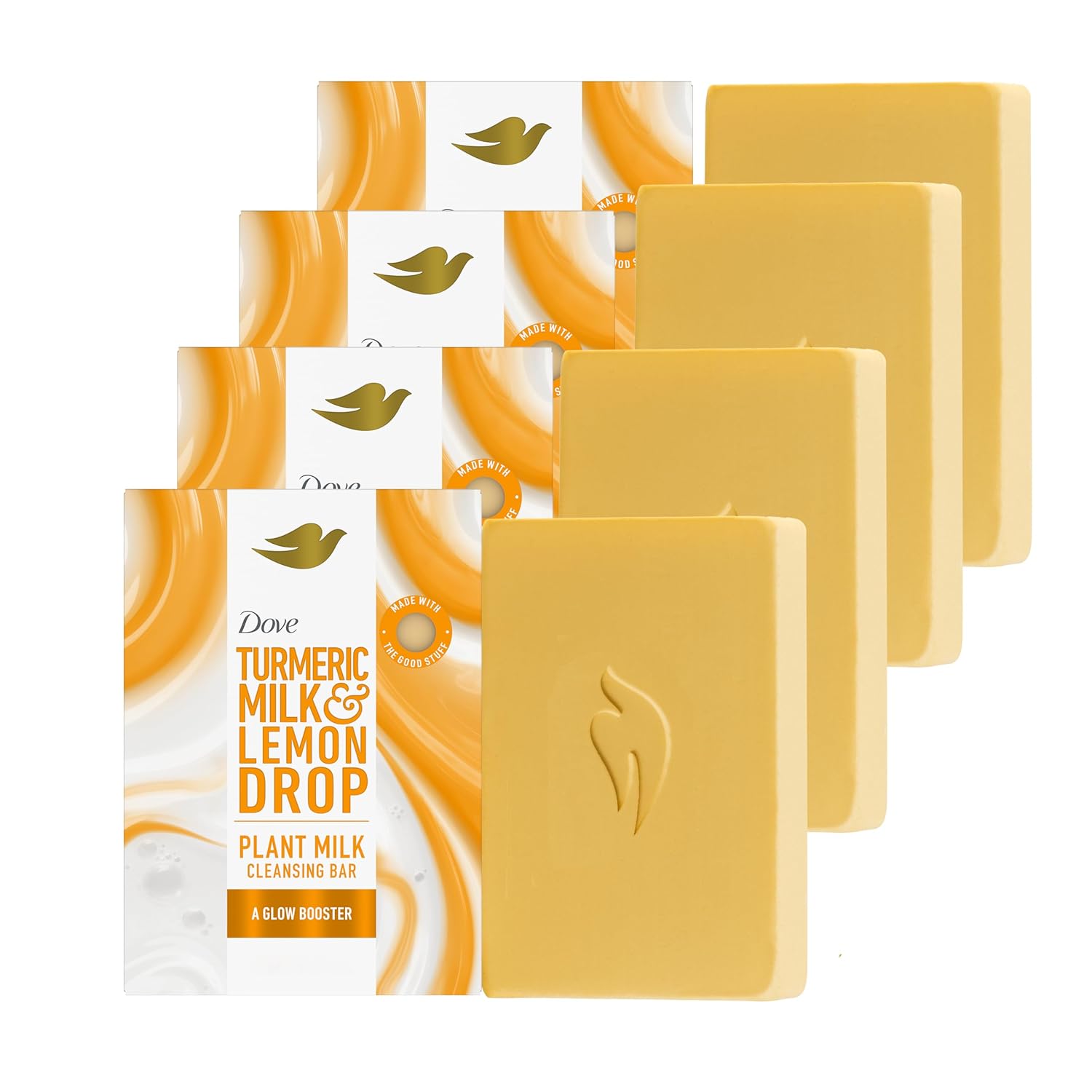 Dove Plant Milk Cleansing Bar Soap Turmeric Milk & Lemon Drop Glow Booster 4 Count for Moisturized Skin Gentle Cleanser, No Sulfate Cleansers or Parabens, 98% Biodegradable Formula 5 oz-0