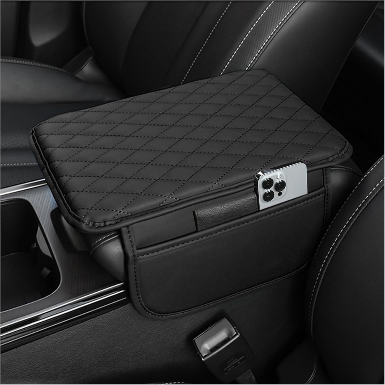 Upgraded Car Center Console Cover,Microfiber Leather Car Armrest Cover Cushion with 2 Storage Bags,Universal Car Armrest Storage Box Car Interior Accessories for Most Vehicles (Black)-0