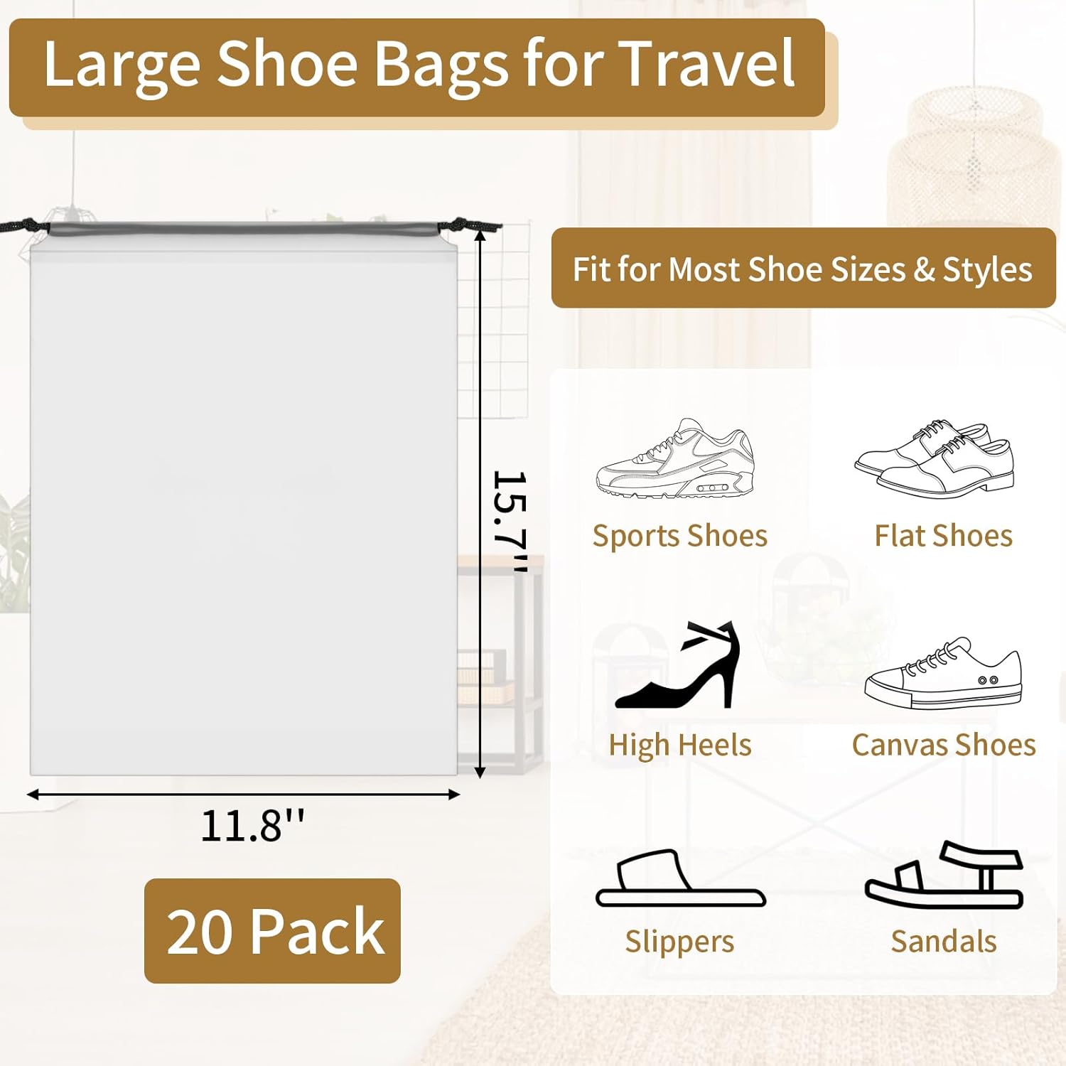 20 Pack Shoe Bags for Travel, 15.7" x 11.8" Clear Travel Shoe Bags for Packing, Large Waterproof Portable Drawstring Travel Shoe Storage Bag Travel Essentials Women for and Men-1