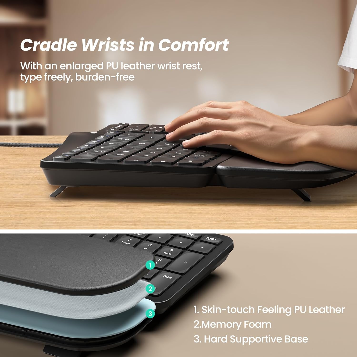 Nulea RT05C Wired Ergonomic Keyboard, Split Keyboard with Cushioned Wrist Rest, Adjustable Tilt Legs, Plug and Play, USB Corded, Compatible with Windows/Mac-4