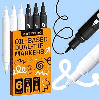 ARTISTRO 6 Black & White Permanent Markers, Metallic Paint Pen, Oil Based Paint Markers Dual Tip (0.3mm+3mm), Waterproof Paint Pens for Rock Painting, Ceramic, Glass, Wood, Tire, Fabric & More