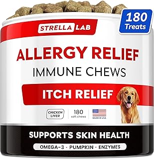 StrellaLab Dog Allergy Relief & Anti Itch Support Chews w/Omega 3: Real Ingredients, Real Taste! Skin & Coat Immune Supplement w/Fish Oil, Pumpkin & Enzymes — Developed by Experts - Made in USA -180Ct