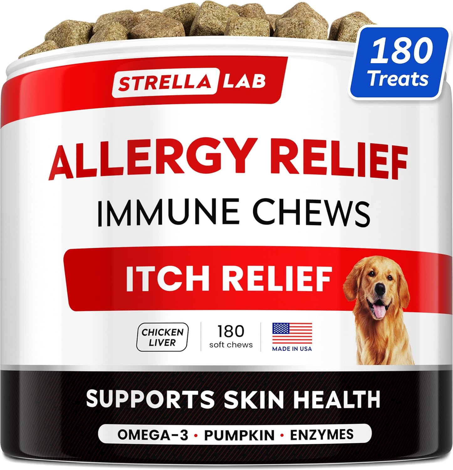 StrellaLab Dog Allergy Relief & Anti Itch Support Chews w/Omega 3: Real Ingredients, Real Taste! Skin & Coat Immune Supplement w/Fish Oil, Pumpkin & Enzymes — Developed by Experts - Made in USA -180Ct-0