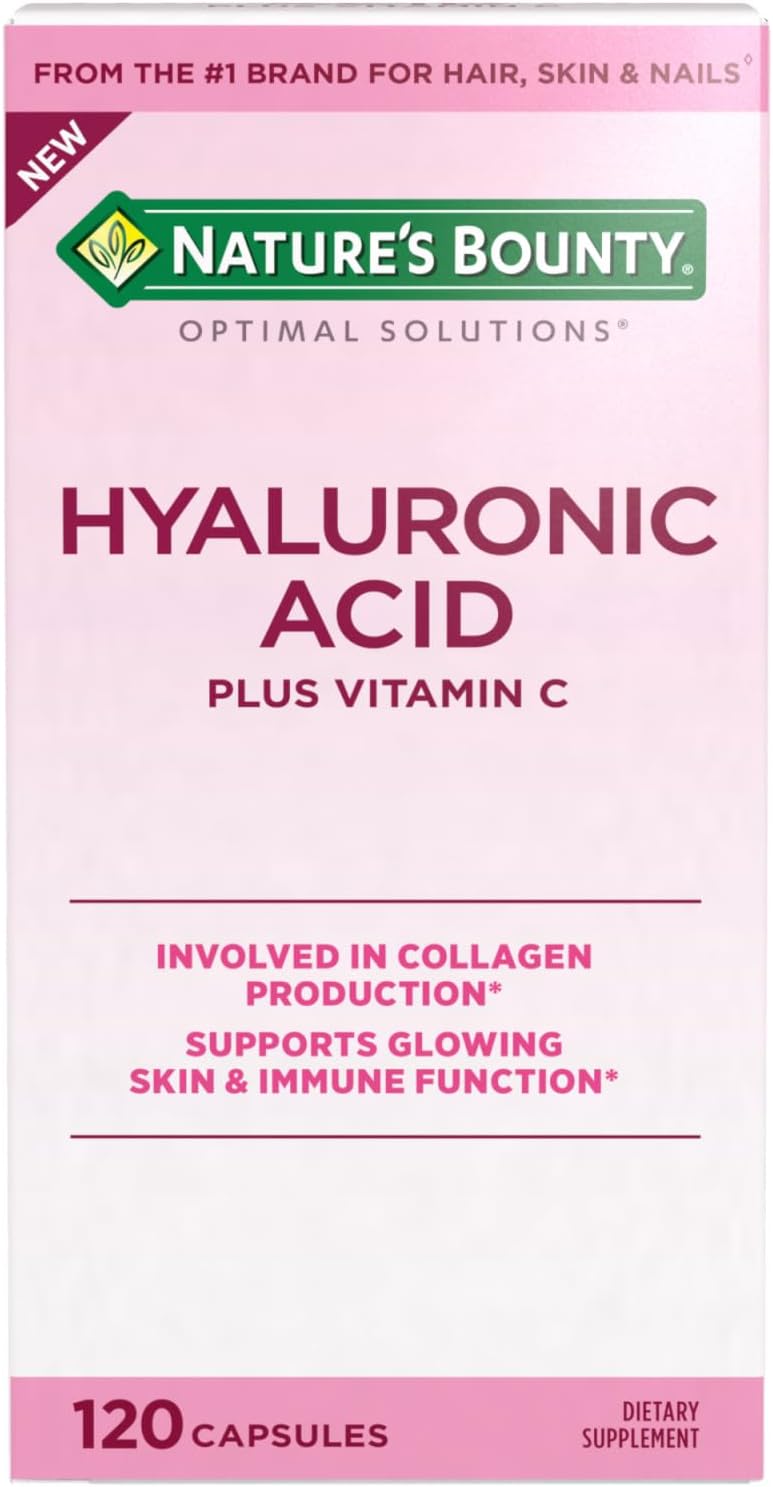 Nature's Bounty Vitamin C and Hyaluronic Acid Supplement, Supports Glowing Skin, Immune Function & Collagen Production, 120 Capsules - 60 Day Supply, Optimal Solutions Supplements for Skin Health-0