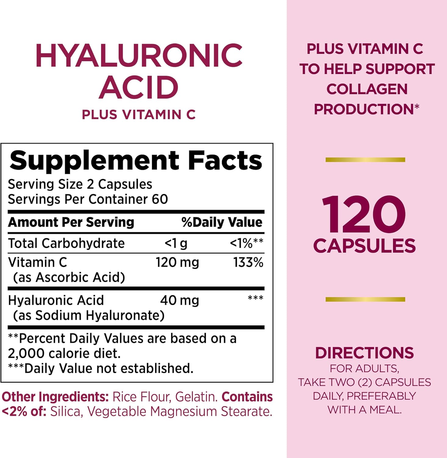 Nature's Bounty Vitamin C and Hyaluronic Acid Supplement, Supports Glowing Skin, Immune Function & Collagen Production, 120 Capsules - 60 Day Supply, Optimal Solutions Supplements for Skin Health-1