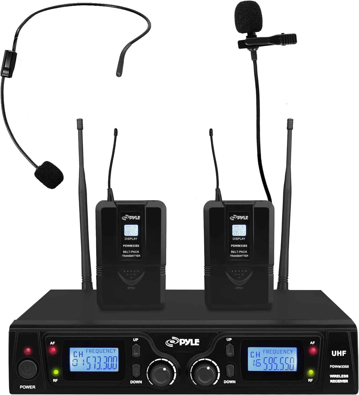 Pyle UHF Wireless Microphone & Rack Mountable Receiver System 2 Belt Packs, 2 Lavelier/Lapel MIC Travel Case 16 Channel Frequency Independent Channel Volume Control LCD Digital Display-0