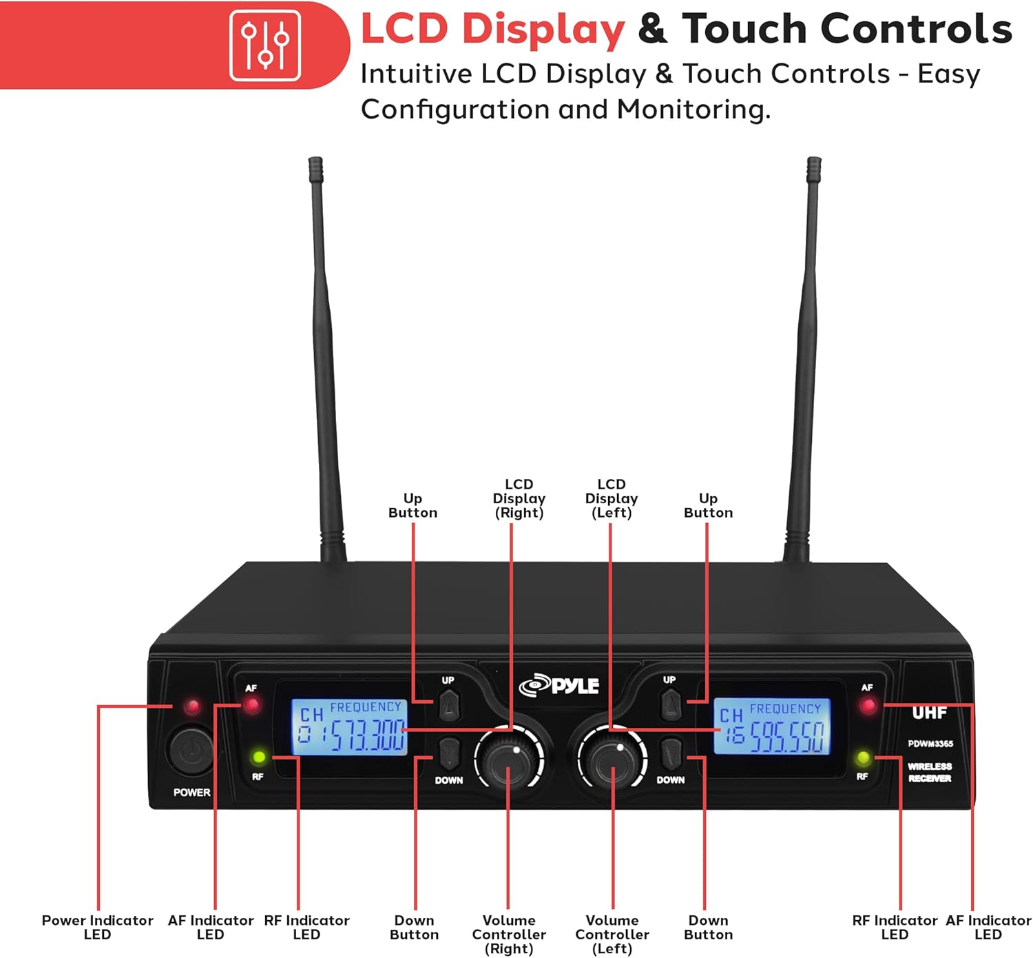 Pyle UHF Wireless Microphone & Rack Mountable Receiver System 2 Belt Packs, 2 Lavelier/Lapel MIC Travel Case 16 Channel Frequency Independent Channel Volume Control LCD Digital Display-2