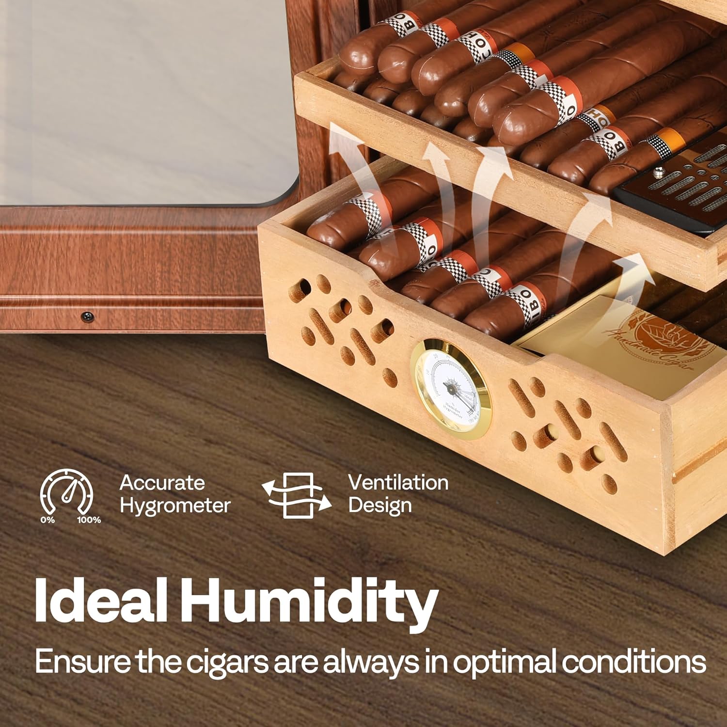 VIVOHOME Humidor Box 3 Shelves, 200 Counts Humidor Cabinet with Light, Spanish Cedar Wood Inner Shelves and Drawer, Accurate Hygrometer, Humidifier, for Men Brown-2