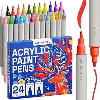 ARTISTRO Acrylic Paint Pens, Art Set Acrylic Paint Markers Dual Tip, Acrylic Markers for Fabric, Canvas, Rock, Glass, Wood, Paper, DIY, Paint Markers, Multicolor (Dual Tip Brush + Fine, 24)