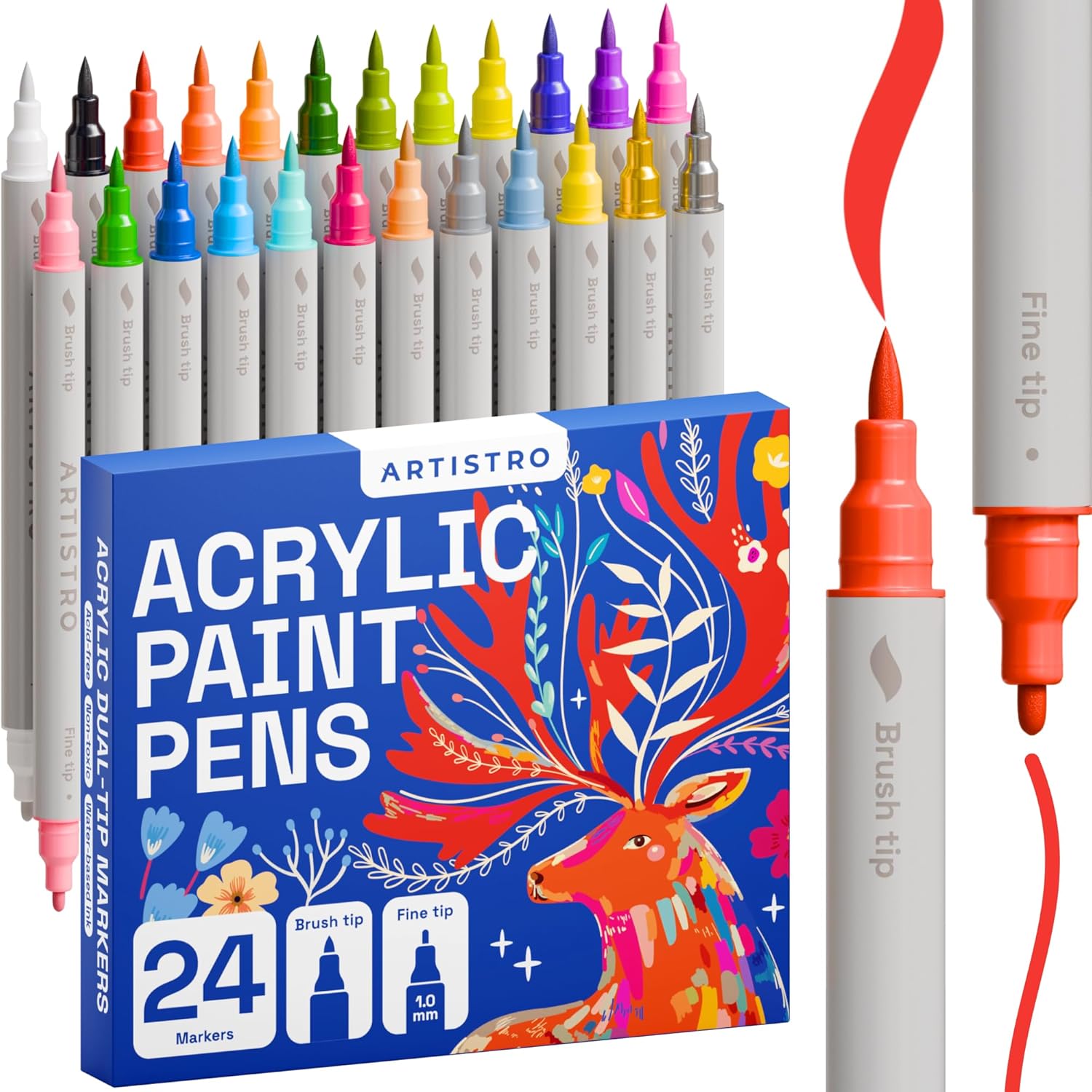 ARTISTRO Acrylic Paint Pens, Art Set Acrylic Paint Markers Dual Tip, Acrylic Markers for Fabric, Canvas, Rock, Glass, Wood, Paper, DIY, Paint Markers, Multicolor (Dual Tip Brush + Fine, 24)-0