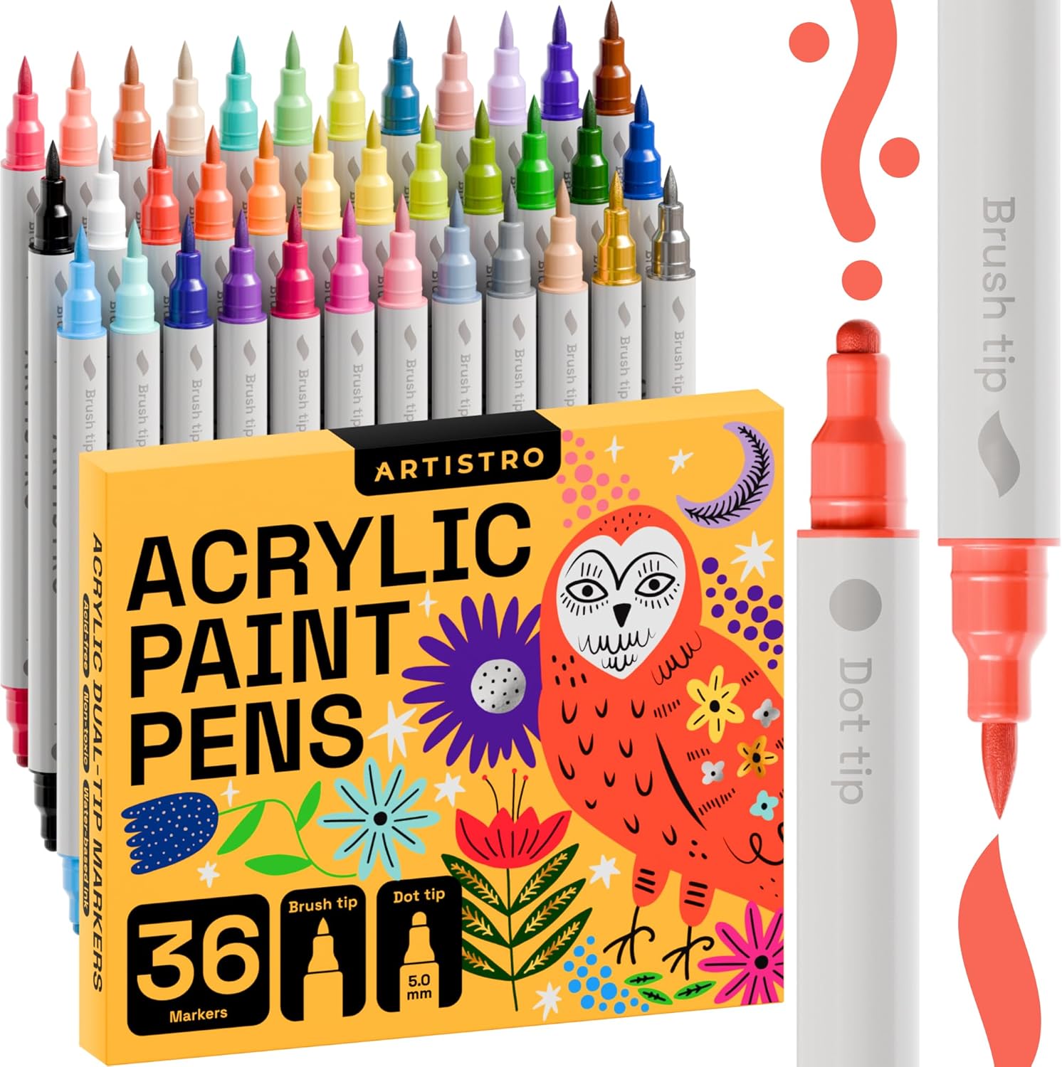 ARTISTRO Acrylic Paint Pens, Acrylic Paint Markers Dual Tip Markers, Acrylic Markers for Fabric, Canvas, Rock, Glass, Wood, Paper, DIY, Paint Markers (Dual Tip Dot + Brush, 36)-0