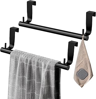 VEHHE Kitchen Towel Holder-2pcs, 9-Inches, Dish Towel Holder with 2 Hooks, Over Cabinet Towel Bar with EVA Foam Pads, Over The Door Towel Holder for Kitchen and Bathroom (Black)