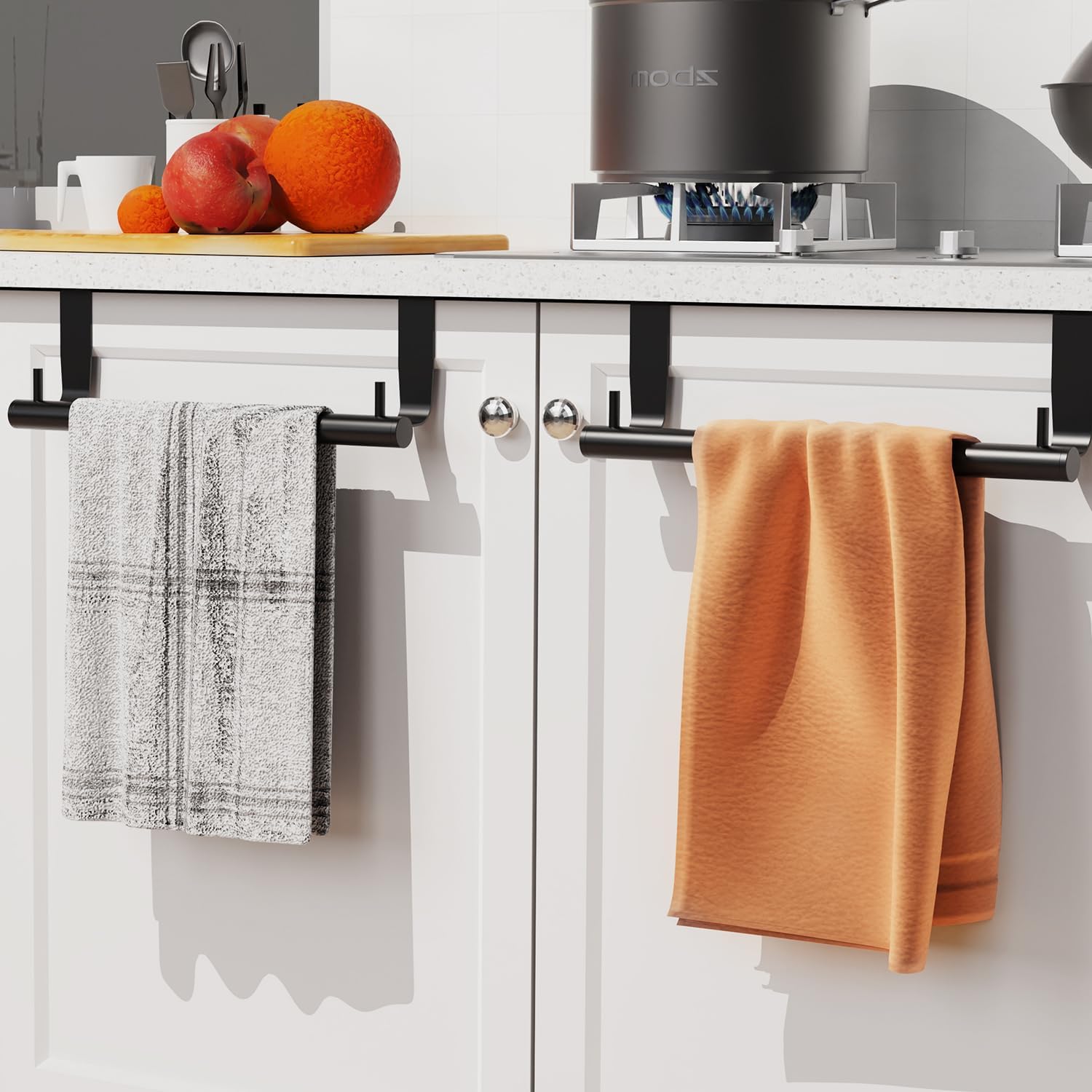 VEHHE Kitchen Towel Holder-2pcs, 9-Inches, Dish Towel Holder with 2 Hooks, Over Cabinet Towel Bar with EVA Foam Pads, Over The Door Towel Holder for Kitchen and Bathroom (Black)-6