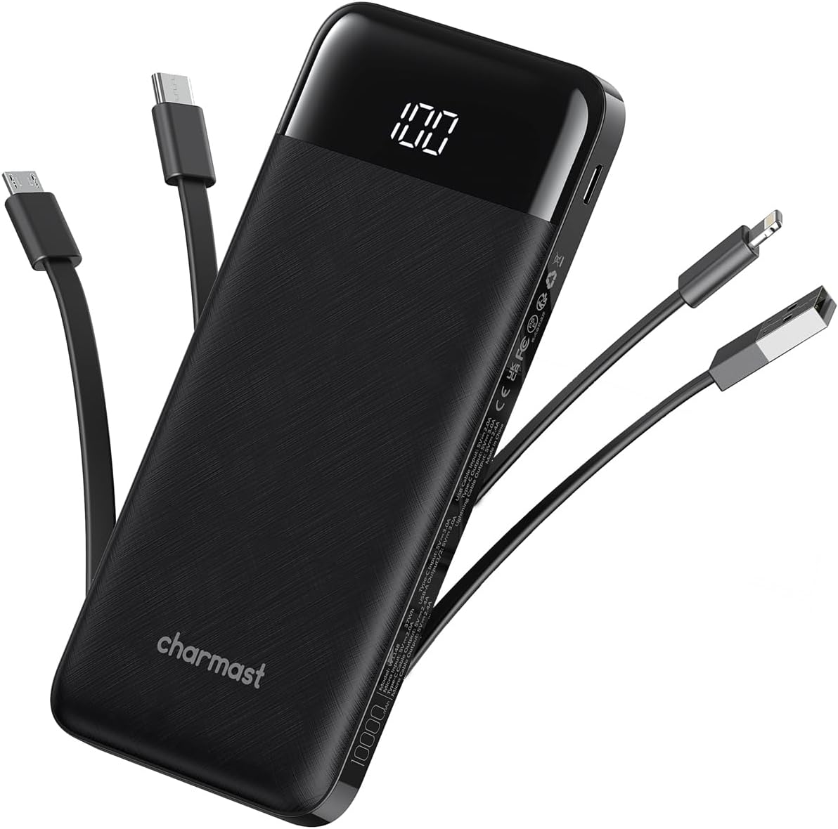 Portable Charger with Built in Cables, Portable Charger with Cords Wires Slim 10000mAh Travel Essentials Battery Pack 6 Outputs 3A High Speed Power Bank for iPhone Samsung Pixel LG Moto iPad