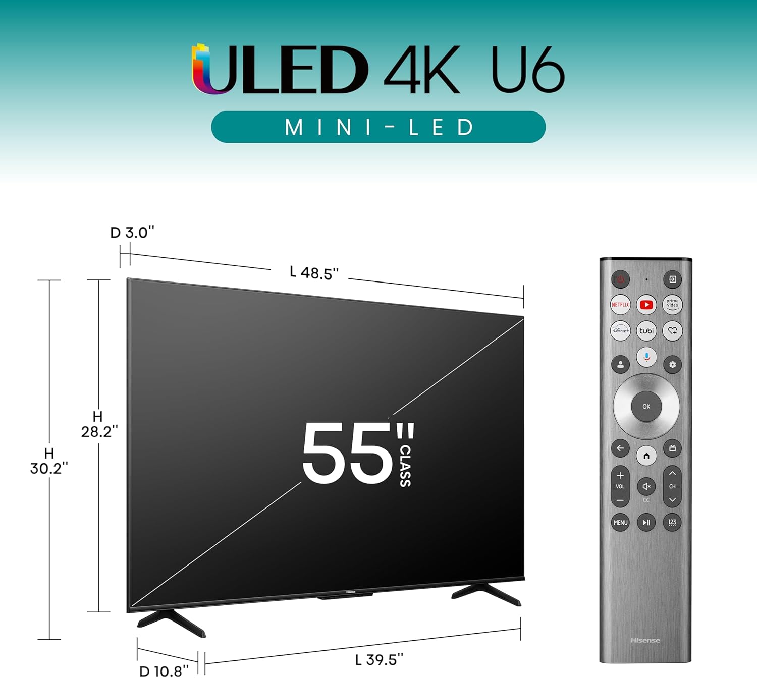 Hisense U6 Series 55U6N 55 Inches ULED 4K UHD Smart TV | Mini-LED | QLED | HDR 10+, Full Array Local Dimming | Motion Rate 240-1