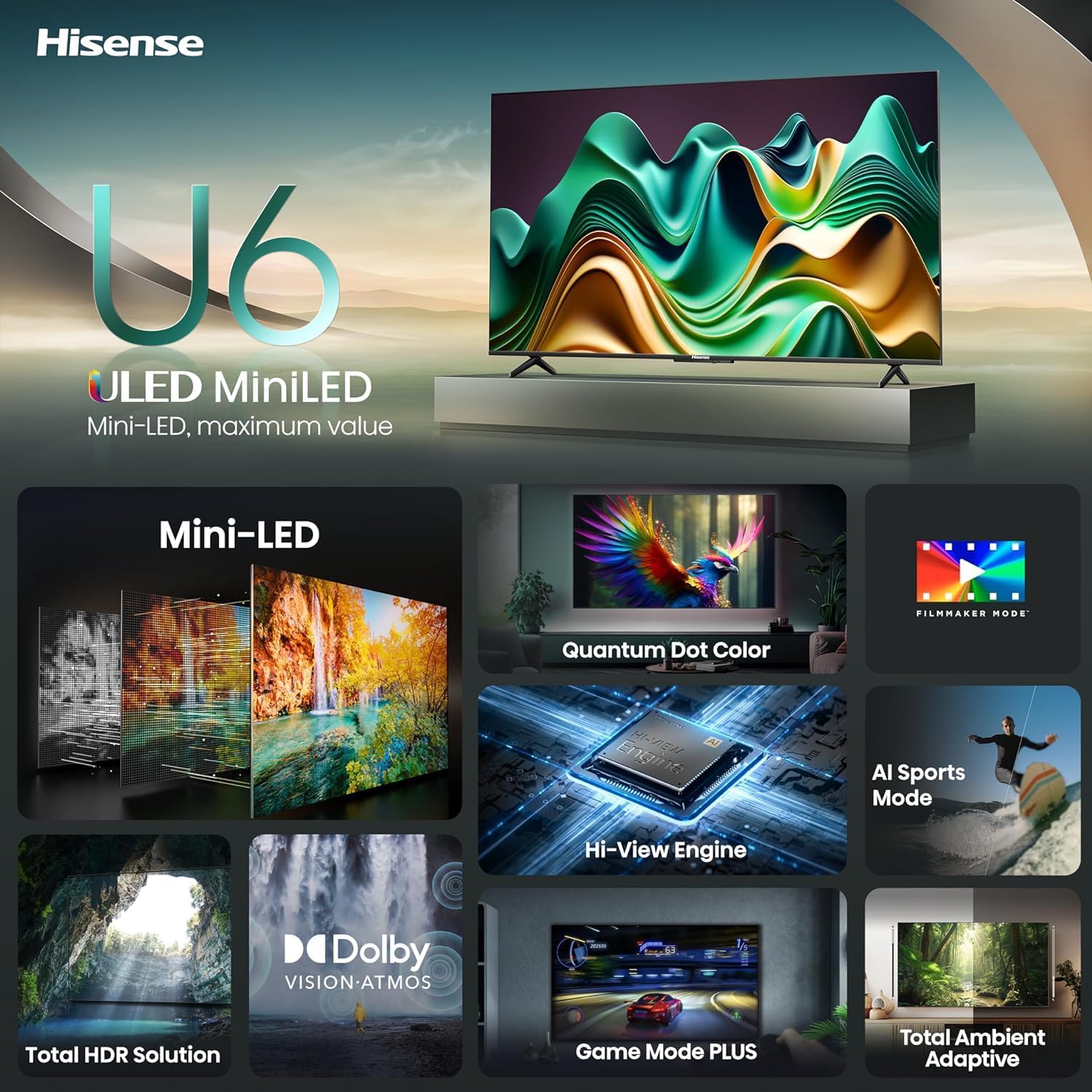 Hisense U6 Series 55U6N 55 Inches ULED 4K UHD Smart TV | Mini-LED | QLED | HDR 10+, Full Array Local Dimming | Motion Rate 240-2