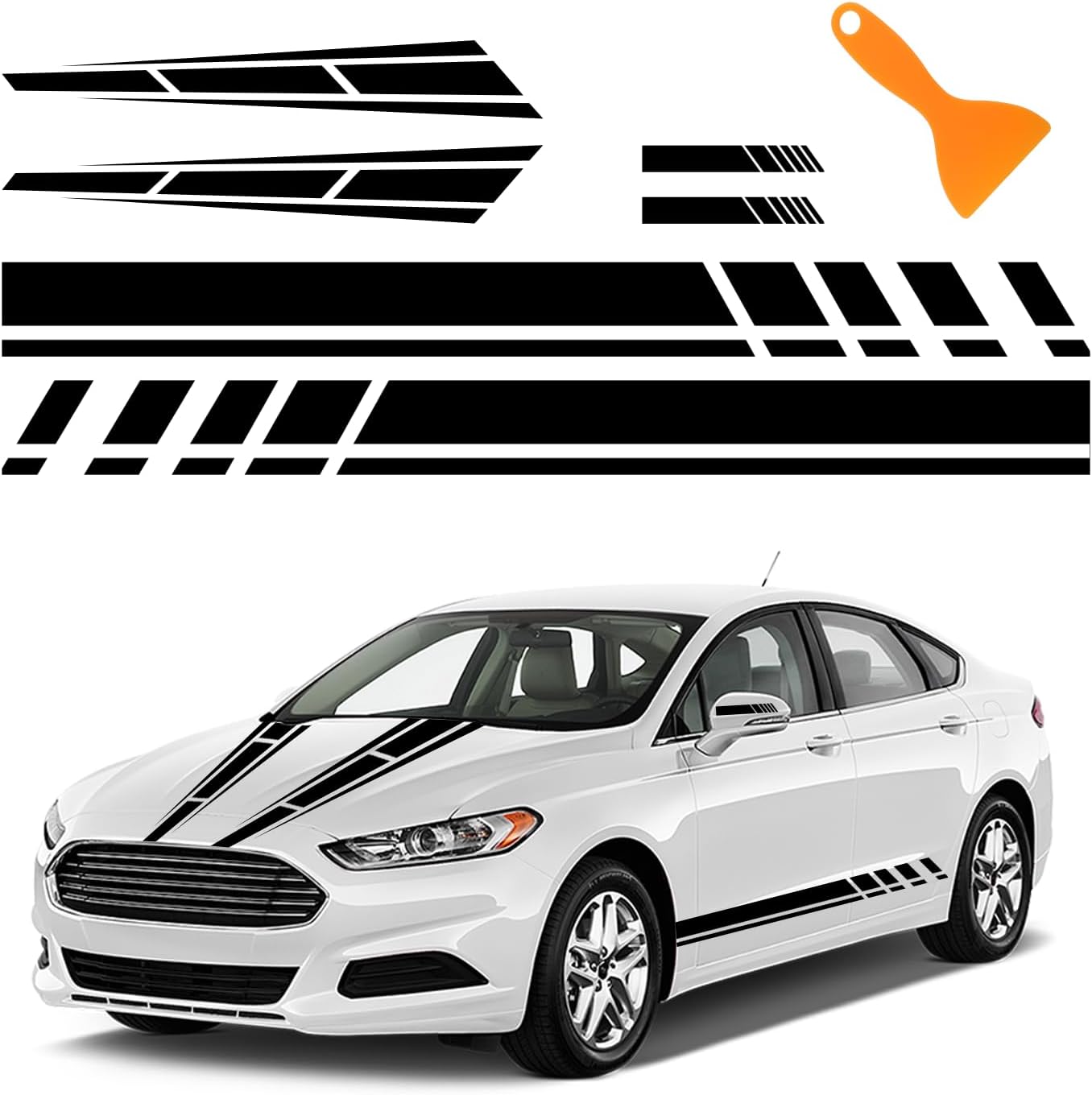 6PCS Racing Stripes for Cars - 2PCS Car Hood Decal + 2PCS Car Side Decals + 2PCS Car Mirror Stickers,Water-Resistant Stylish Car Decal Exterior Car Accessories for Car,Truck (Black)-0