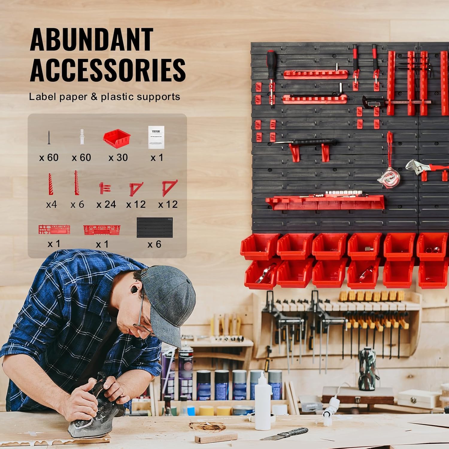 VEVOR Wall Mounted Storage Rack System, 30-Bin Parts Rack Organizer with Wall Panels/Tool Holders/Hooks, Garage Plastic Shop Tool Organizer for Nuts, Bolts, Screws, Nails, Beads, Buttons-4