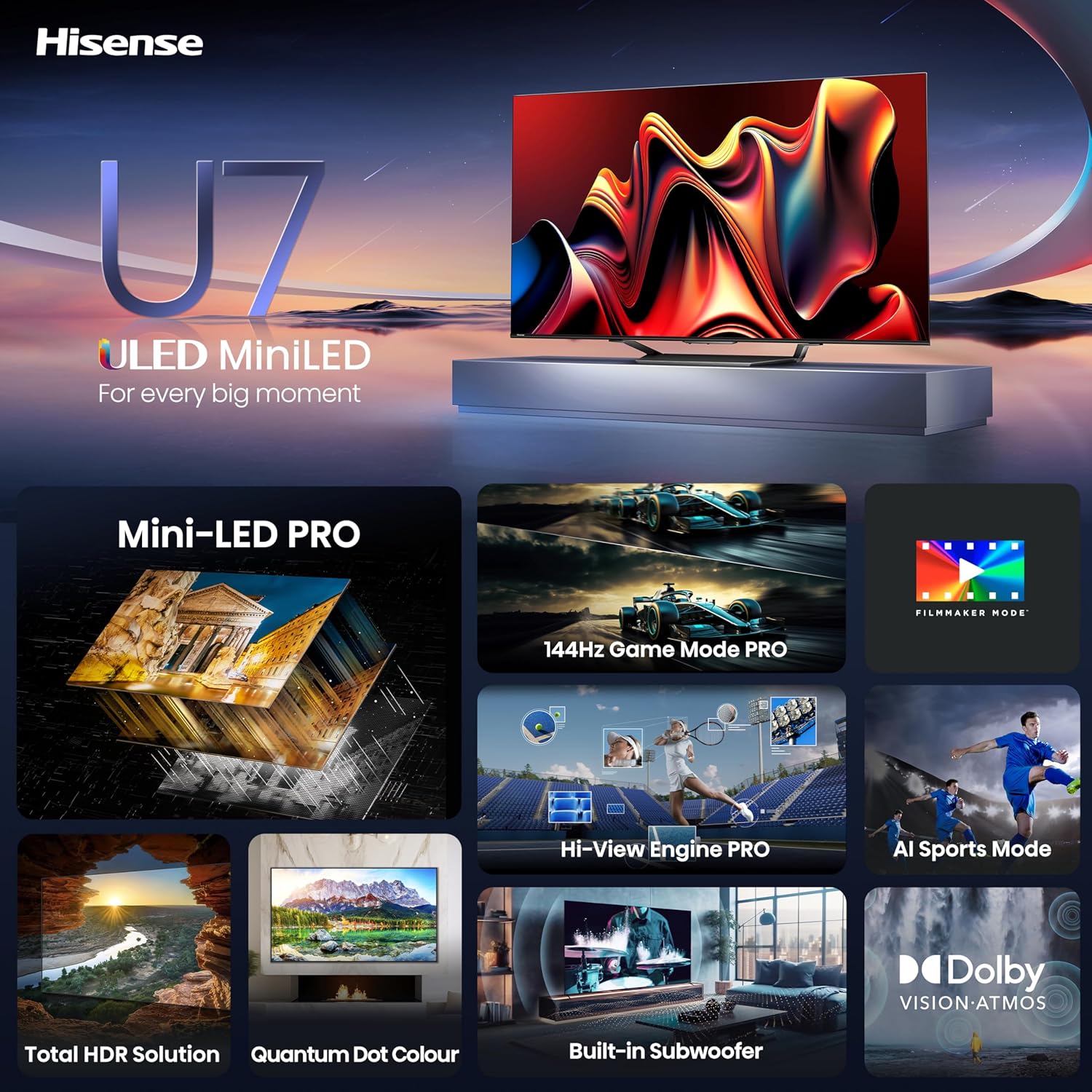 Hisense U7 Series 55U7N 55 Inch Mini-LED ULED 4K UHD TV | Google | QLED | 144Hz-1