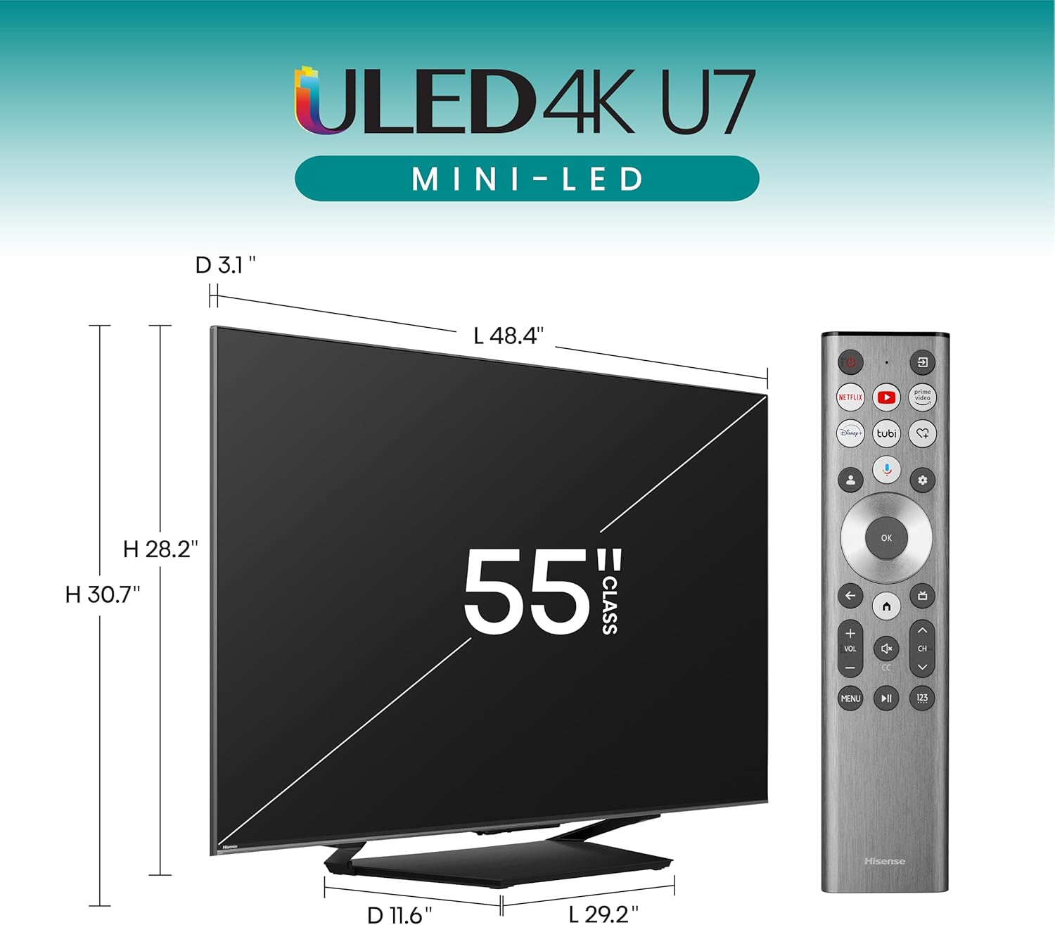 Hisense U7 Series 55U7N 55 Inch Mini-LED ULED 4K UHD TV | Google | QLED | 144Hz-2