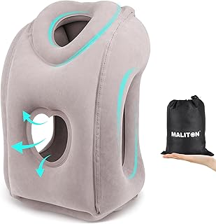 Maliton Inflatable Travel Pillow for Airplane Comfortable Sleeping to Relieve Neck and Shoulder Pain, Support Head Inflatable Pillow for Long Flights, Used for Airplanes, Cars, Trains, Office(Grey)