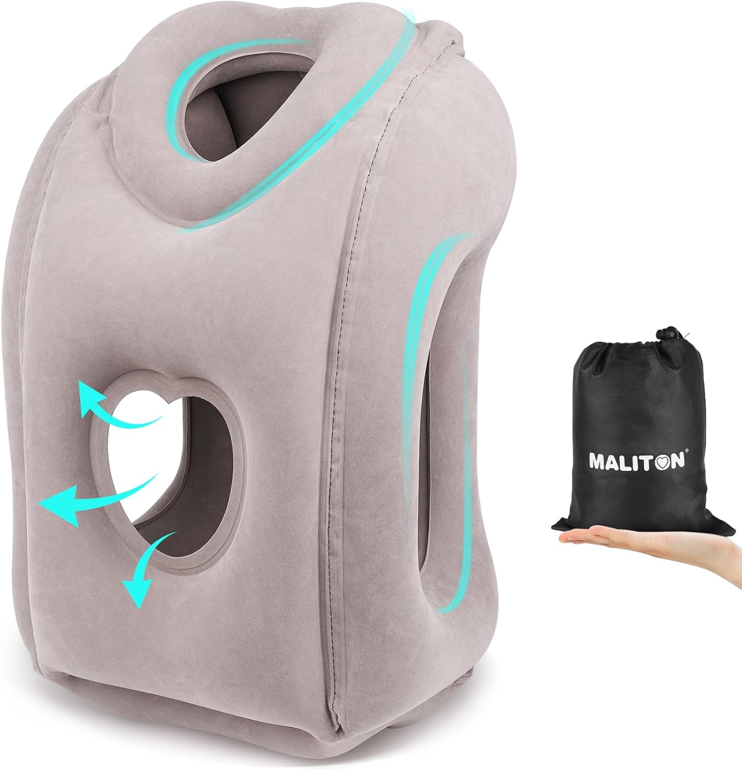 Maliton Inflatable Travel Pillow for Airplane Comfortable Sleeping to Relieve Neck and Shoulder Pain, Support Head Inflatable Pillow for Long Flights, Used for Airplanes, Cars, Trains, Office(Grey)-0