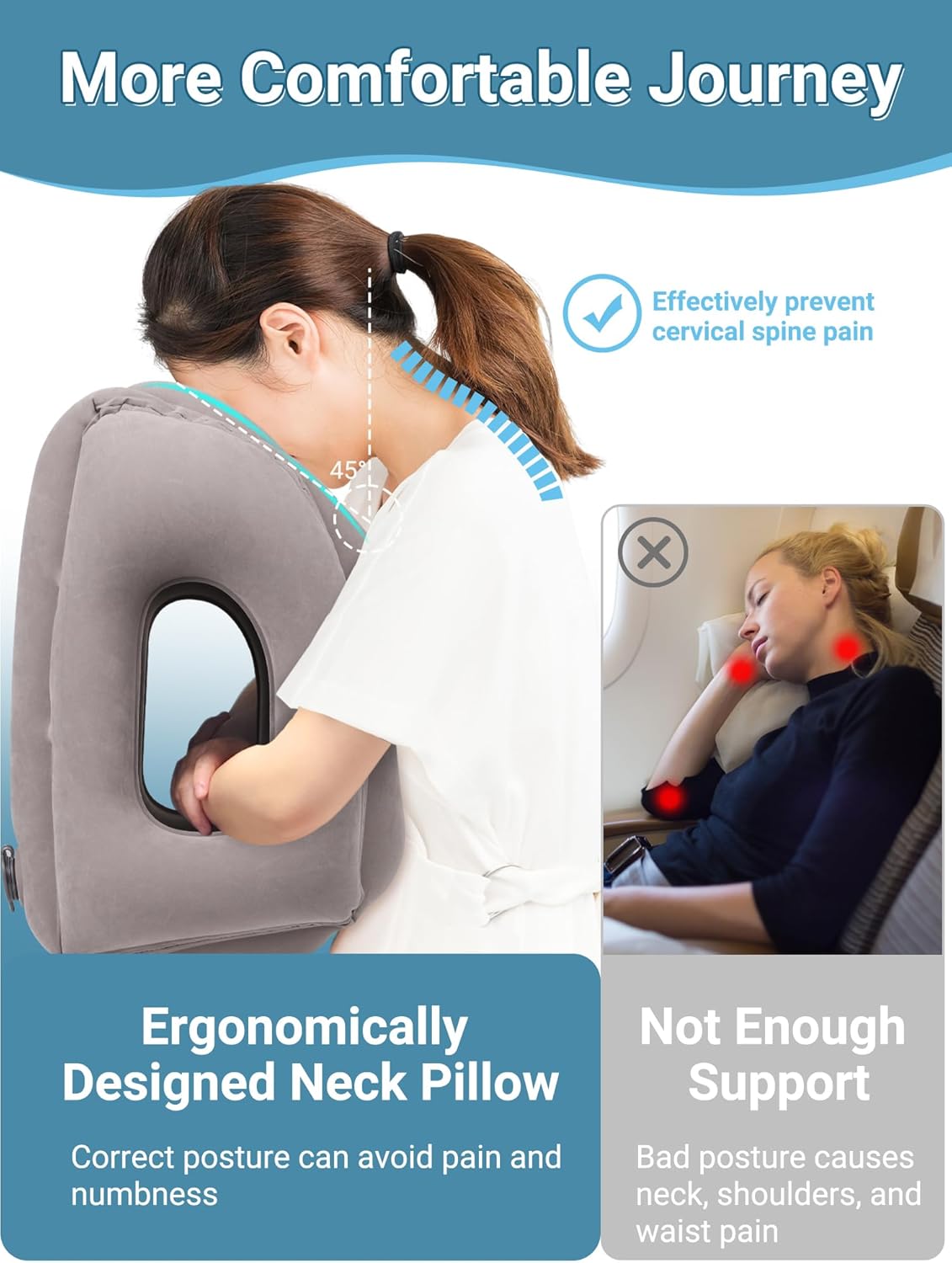 Maliton Inflatable Travel Pillow for Airplane Comfortable Sleeping to Relieve Neck and Shoulder Pain, Support Head Inflatable Pillow for Long Flights, Used for Airplanes, Cars, Trains, Office(Grey)-2