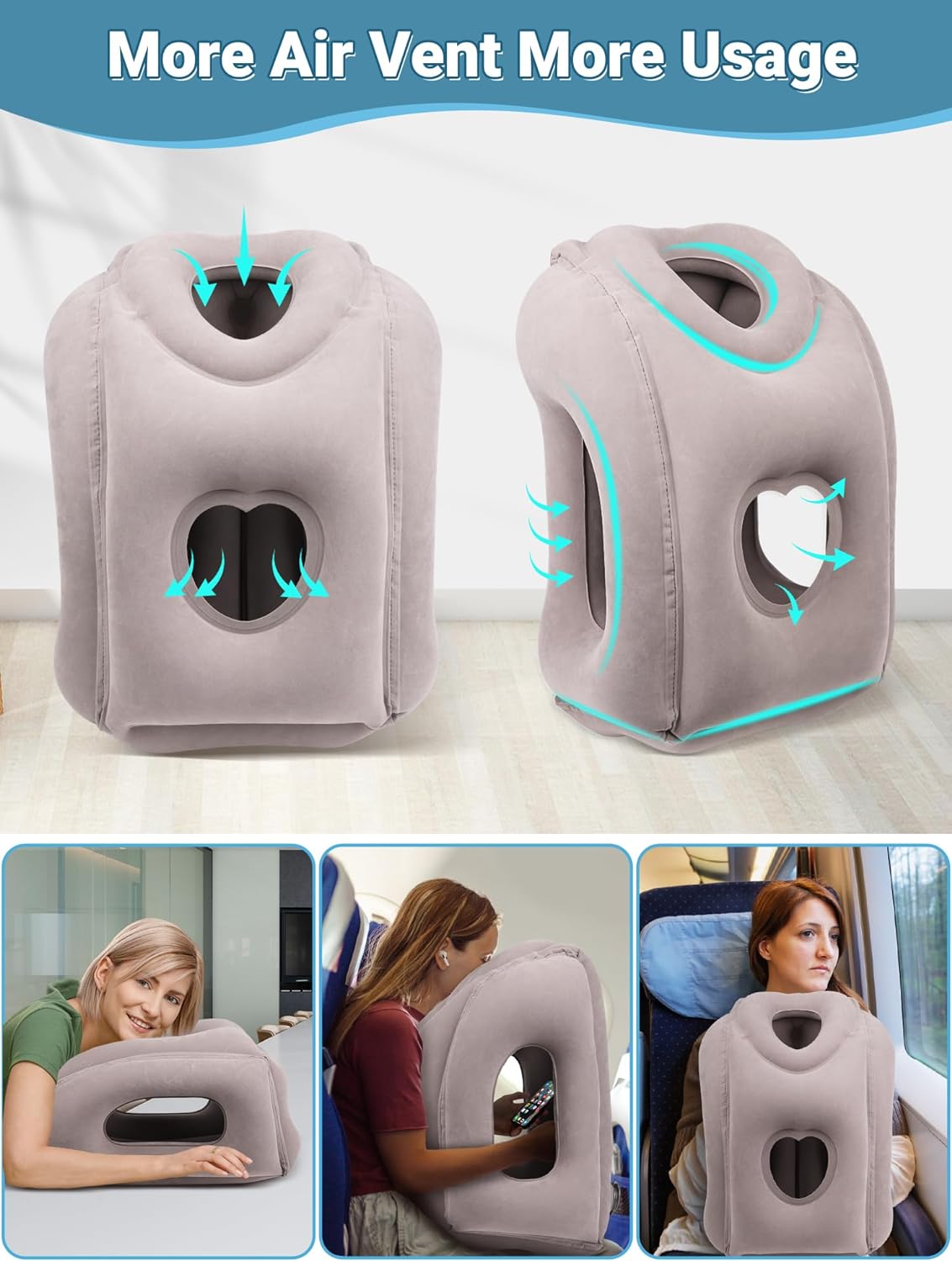 Maliton Inflatable Travel Pillow for Airplane Comfortable Sleeping to Relieve Neck and Shoulder Pain, Support Head Inflatable Pillow for Long Flights, Used for Airplanes, Cars, Trains, Office(Grey)-3