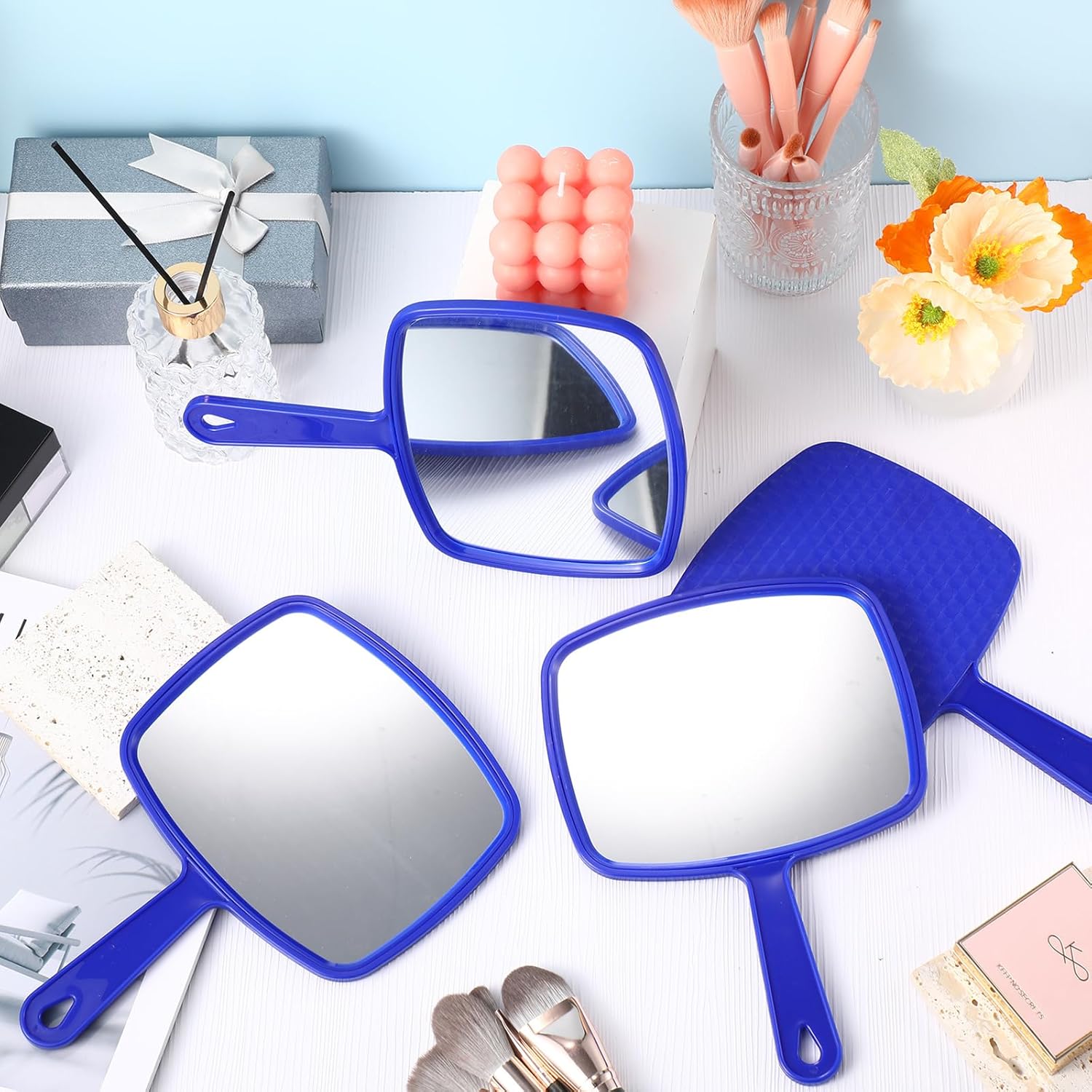 Geetery 12 Pcs Hand Mirror Handheld Cosmetic Mirror with Handle Makeup Mirror Wall Mount for Bathroom Home Barber Salon Travel Portable Beauty School Gift for Women Student 6.69 x 9.45 Inch (Blue)-2