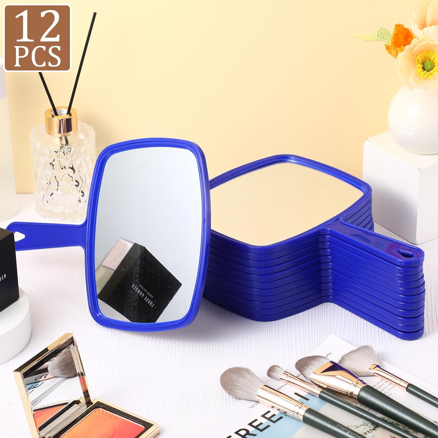 Geetery 12 Pcs Hand Mirror Handheld Cosmetic Mirror with Handle Makeup Mirror Wall Mount for Bathroom Home Barber Salon Travel Portable Beauty School Gift for Women Student 6.69 x 9.45 Inch (Blue)-5